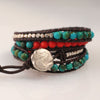 Brown Leather Turquoise, Red Coral and Silver Wrap bracelet