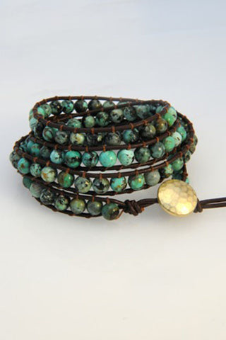 Brown Leather with Green Howlite Wrap Bracelet