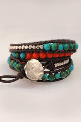 Brown Leather Turquoise, Red Coral and Silver Wrap bracelet